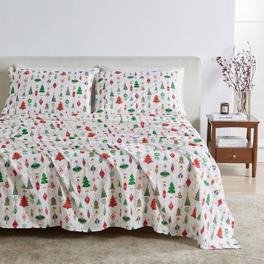 Twinkling Ornaments Twin Size Microfiber Sheet Set - Ultra-Soft Holiday Bedding
